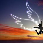 Young girl with drawn wings jumping high in sky